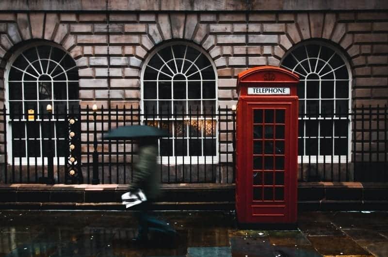 person with umbrella walking past London phone box in the rain